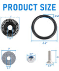 Universal Black CNC Billet Aluminum Quick Release Fastener Kit for Bumper Trunk with fastener, bolt, nut, and washer sizes shown