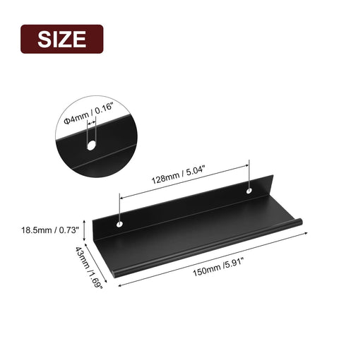 Diagram of Two Pack 150mm Cabinet Edge Finger Pulls Black Aluminum Alloy with measurements, showing 4mm holes and 128mm spacing.