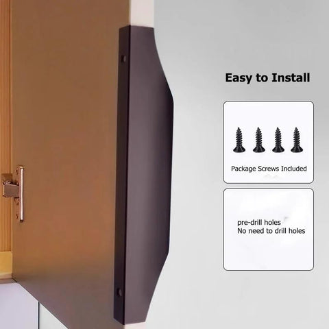 Five Pack Concealed Finger Pulls for Cabinets and Drawers in Black Aluminum installed on wooden cabinet with screws shown