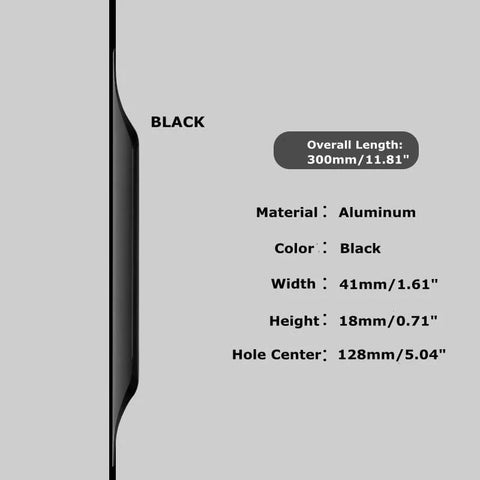 5 Pack Concealed Finger Pulls For Cabinets And Drawers, black aluminum, 300mm length, side view with dimensions and features