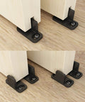 Black aluminum floor guide for sliding barn doors and bypass systems, anodized finish, durable 1/8 inch arm thickness, set of 2 guides