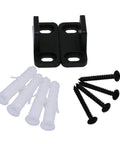Black aluminum floor guide for sliding barn doors and bypass systems, anodized finish, screws and plugs shown, set of 2 guides