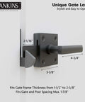 Beefy Black Heavy Duty Double Sided Gate Latch For Wooden Fence, self-locking aluminum latch, installed on wooden gate, dimensions shown