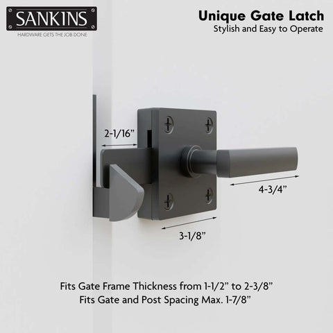 Beefy Black Heavy Duty Double Sided Gate Latch For Wooden Fence, self-locking aluminum latch, installed on wooden gate, dimensions shown