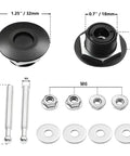 Components of quick release latch license plate lock clip kit, 1.25 inch aluminum alloy hood pins with button release, black finish.