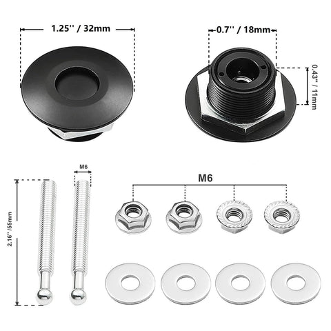 Components of quick release latch license plate lock clip kit, 1.25 inch aluminum alloy hood pins with button release, black finish.