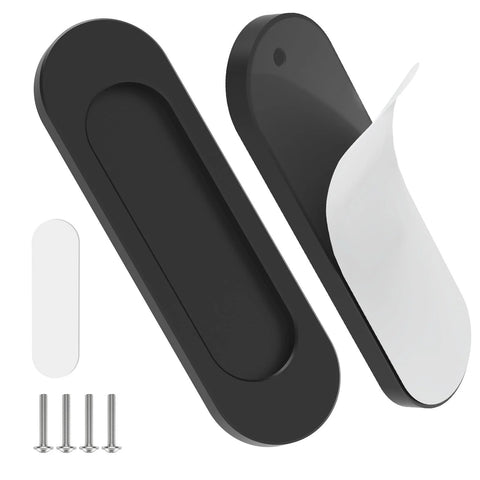 2 Pack 4 Inch Self Adhesive Sliding Door Handles Aluminum Alloy No Drill Installation, shown with adhesive backing and screws, black finish