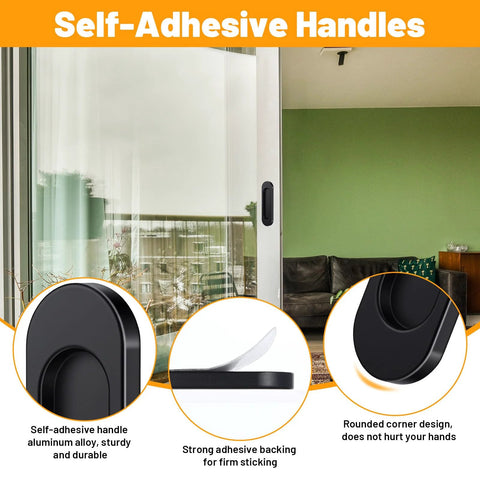 Self Stick Sliding Door Handles 4 Inch Black Aluminum Alloy Adhesive Flat Finger Pulls on glass door with close-up features