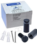 Pack of 12 aluminum sign standoffs and wall spacers with black finish, 1/2 x 3/4 inch, shown with screws and anchors, in packaging.