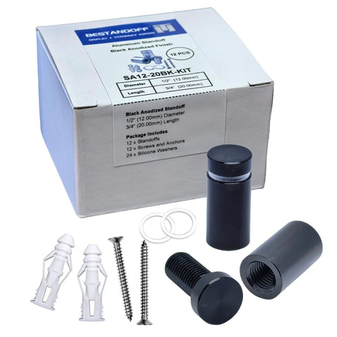 Pack of 12 aluminum sign standoffs and wall spacers with black finish, 1/2 x 3/4 inch, shown with screws and anchors, in packaging.