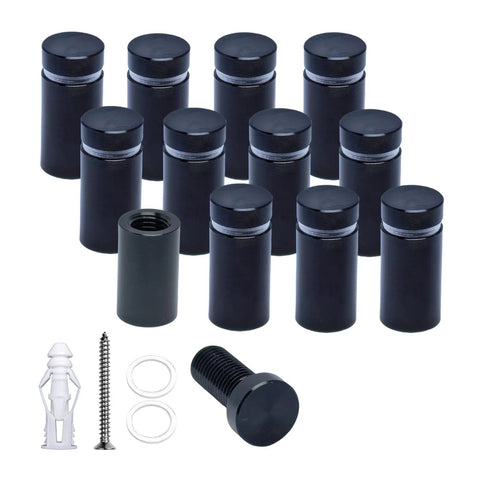 Pack of 12 aluminum sign standoffs and wall spacers, black finish, with screws and anchors for office signs and acrylic panels