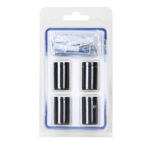 Pack of four black aluminum side clamp standoffs three quarter by one inch with screws for glass burglarproof sign hardware.