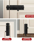 Beefy 2 Inch Black Aluminum Slide Bolt Latch for Doors and Gates showing conventional, upward, and downward installations
