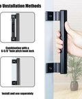 8 Inch Aluminum Alloy Sliding Glass Door Handle for Patio Doors Replacement Pull Fits Six And Five Eighths Inch Mounting Holes Reversible Black Handle visible on installation.