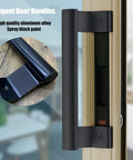 Front view of 8 Inch Aluminum Alloy Sliding Glass Door Handle for Patio Doors Replacement, black finish, installed on door.