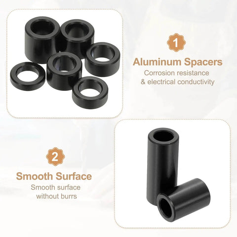 Six Piece Aluminum Spacers Set With Quarter Inch Inner Diameter And Half Inch Outer Diameter Three Quarter Inch Length Unthreaded Round Standoff Bushings For Quarter Inch Screws And Bolts Black Patikil showing corrosion resistance and smooth surface.