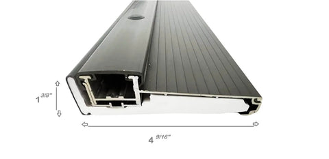Close-up view of Black Adjustable Aluminum Threshold, heavy-duty design for 36-inch doors, with hidden screw feature for seamless appearance.