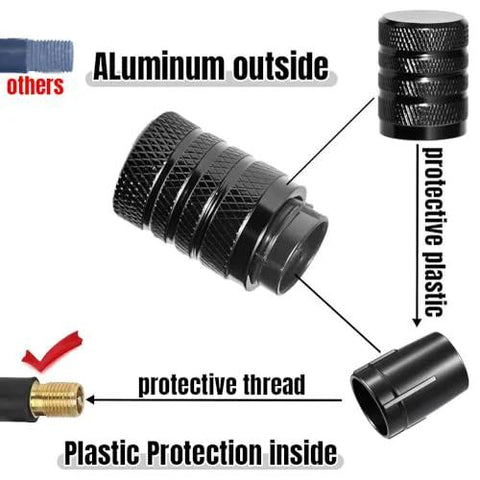 4 Piece Black Anodized Aluminum Plastic Composite Tire Valve Stem Caps With Integrated Plastic Sleeve Corrosion Resistant Diagram