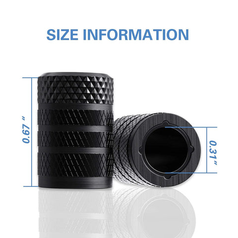 Tire Valve Stem Caps Black Anodized Aluminum Set 4 Pack With Plastic Inner Valve Design For Corrosion Resistance Size Info
