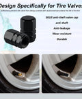 Design specifically for tire valves with aluminum tire stem valve caps hexagon shape dustproof wheel valve covers 4 pieces universal for SUV car bike motorcycle black high quality alloy accessories durable aluminum alloy for long lasting tire valve protection and easy installation.