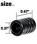 Close-up of 4 Piece Black Anodized Aluminum Plastic Composite Tire Valve Stem Caps with size dimensions shown in inches