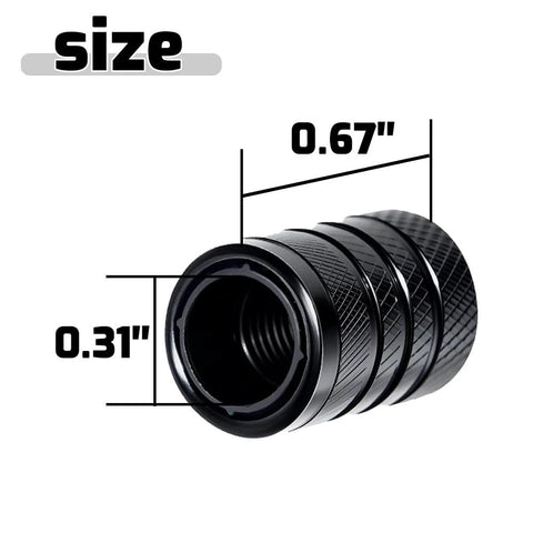 Close-up of 4 Piece Black Anodized Aluminum Plastic Composite Tire Valve Stem Caps with size dimensions shown in inches