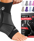 Sleeve Stars Ankle Brace for Women and Men breathable ankle support sleeve with removable strap for sprain recovery and plantar fasciitis relief, showing black brace on foot with packaging.