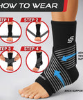 "Sleeve Stars Ankle Brace For Women And Men Breathable Ankle Support Sleeve With Removable Strap For Sprain Recovery And Plantar Fasciitis Relief Provides Adjustable Compression And Secure Comfort Fit For Daily Activities Black Ten To Twelve Inches shown with how-to-wear steps."