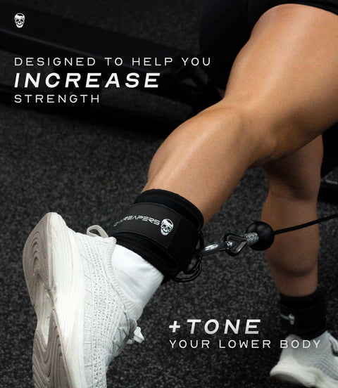 Ankle Straps For Cable Machines With Neoprene Padding on leg during glute exercise, emphasizing strength and tone.