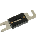 Inline ANL Fuse Holder For 0/2/4 Gauge Wire With 300 Amp Fuse, metal connectors, black housing, isolated view