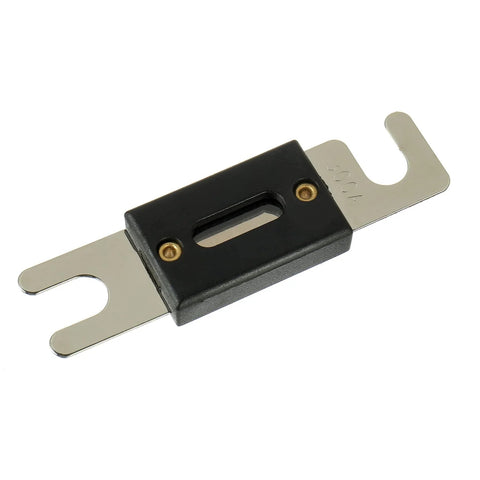 Inline ANL Fuse Holder For 0/2/4 Gauge Wire With 300 Amp Fuse, metal connectors, black housing, isolated view