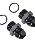 8AN Male Flare To 8AN ORB O-Ring Boss Fuel Pump Rail Adapter Fitting Aluminum Black Anodized 6061-T6 Pack Of 2 shown with O-rings