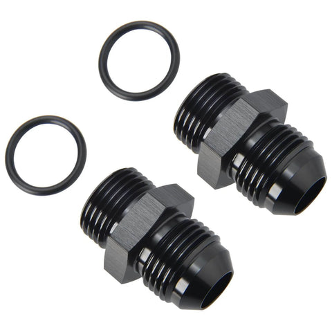 8AN Male Flare To 8AN ORB O-Ring Boss Fuel Pump Rail Adapter Fitting Aluminum Black Anodized 6061-T6 Pack Of 2 shown with O-rings