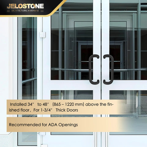Installed Aluminum 90 Degree Offset Door Pull Black Anodized 1 Inch 10 Inch Center on commercial glass door