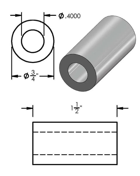 Black anodized aluminum spacer delivers precise, corrosion resistant mounting with a 3/4 inch outer diameter and 3/8 inch bore; diagram view