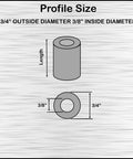 Diagram of black anodized aluminum spacer with 3/4 inch outer diameter and 3/8 inch bore, showing dimensions and profile size.