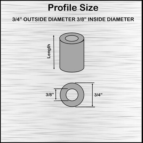 Diagram of black anodized aluminum spacer with 3/4 inch outer diameter and 3/8 inch bore, showing dimensions and profile size.