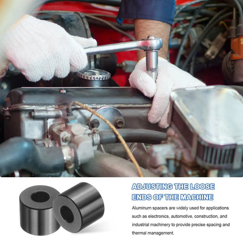 Ten Piece Aluminum Spacer Set One Quarter Inch Bore Five Eighths Inch OD One Half Inch Length Black Anodized Round Unthreaded Standoff Bushings For Do It Yourself Projects And Electronics Durable Corrosion Resistant shown with engine and mechanic using wrench