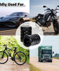 4 Piece Black Anodized Aluminum Plastic Composite Tire Valve Stem Caps With Integrated Plastic Sleeve shown on car, motorcycle, bicycle, and truck