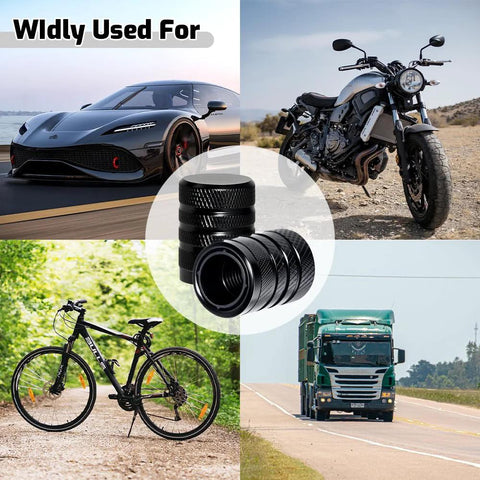 4 Piece Black Anodized Aluminum Plastic Composite Tire Valve Stem Caps With Integrated Plastic Sleeve shown on car, motorcycle, bicycle, and truck