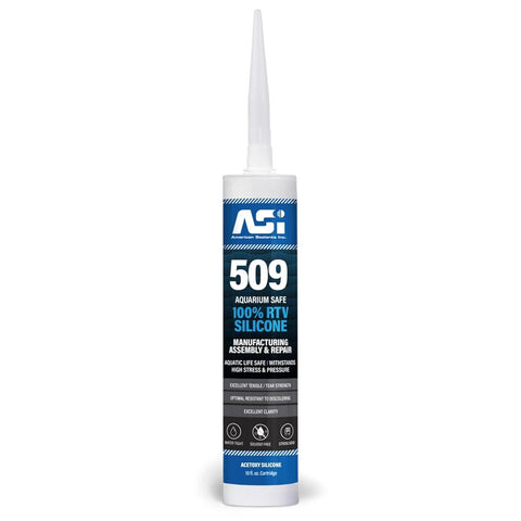 ASI 509 aquarium safe 100% RTV silicone sealant cartridge for manufacturing and repair visible on a white background.