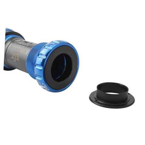 Two Pack Black Axle Protection Covers for Bike Bearings showing cover detached from blue bike axle.