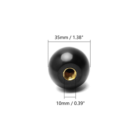 Close-up of Five Pack 3/8-16 Threaded Ball Knobs For Lawn Mowers 1-3/8 Inch Diameter Bakelite Thermoset Handle Black with size annotations.