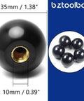 Five Pack 3/8-16 Threaded Ball Knobs For Lawn Mowers 1-3/8 Inch Diameter Bakelite Thermoset Handle Black close-up and group view