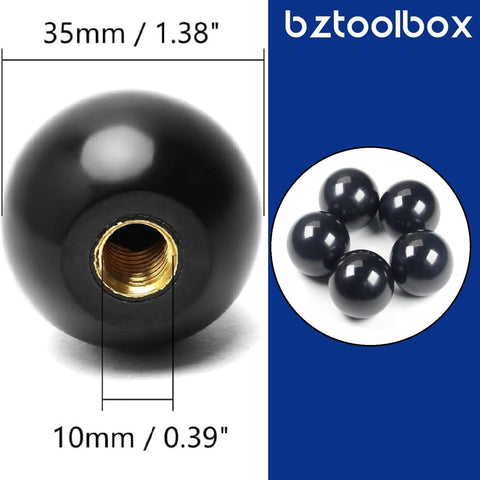 Five Pack 3/8-16 Threaded Ball Knobs For Lawn Mowers 1-3/8 Inch Diameter Bakelite Thermoset Handle Black close-up and group view