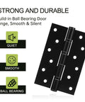 Six Pack Black Door Hinges 6 Inch Ball Bearing Heavy Duty Stainless Steel Hinges  with screws square corner built to last no joke smooth quiet operation for home office and closet doors showing smooth and quiet features with ball bearings.