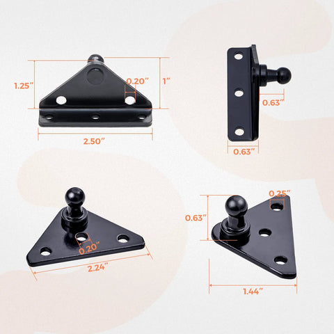 10mm Ball Stud Mounting Bracket Kit For Gas Strut Lift-O-Mat Systems with measurements for L-type and flat-type mounts in black finish.