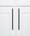 Euro Bar Cabinet Pull Handle Flat Black Finish Three Eighths Inch Diameter Eight Point Six Nine Inch Length Center To Center Six Point Three One Inch With Mounting Hardware Included Ten Pack on white cabinet doors