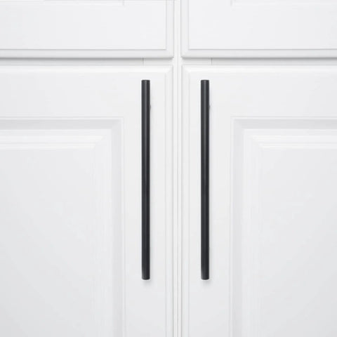 Euro Bar Cabinet Pull Handle Flat Black Finish Three Eighths Inch Diameter Eight Point Six Nine Inch Length Center To Center Six Point Three One Inch With Mounting Hardware Included Ten Pack on white cabinet doors