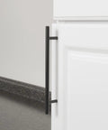 Euro Bar Cabinet Pull Handle Flat Black Finish Three Eighths Inch Diameter Eight Point Six Nine Inch Length Center To Center Six Point Three One Inch installed